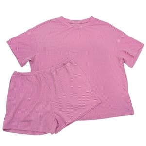 2 Piece Soft & Stretchy Pink Ribbed T-Shirt & Shorts Lounge Set Medium NWT